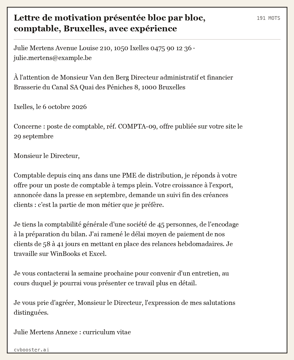Exemple complet: Lettre de motivation présentée bloc par bloc, comptable, Bruxelles, avec expérience, 191 mots