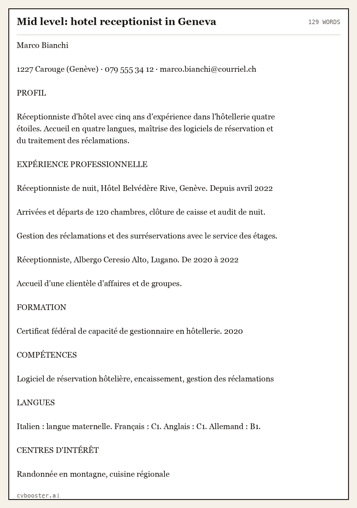Complete Mid level: hotel receptionist in Geneva example, 129 words, laid out as it would sit in the application form