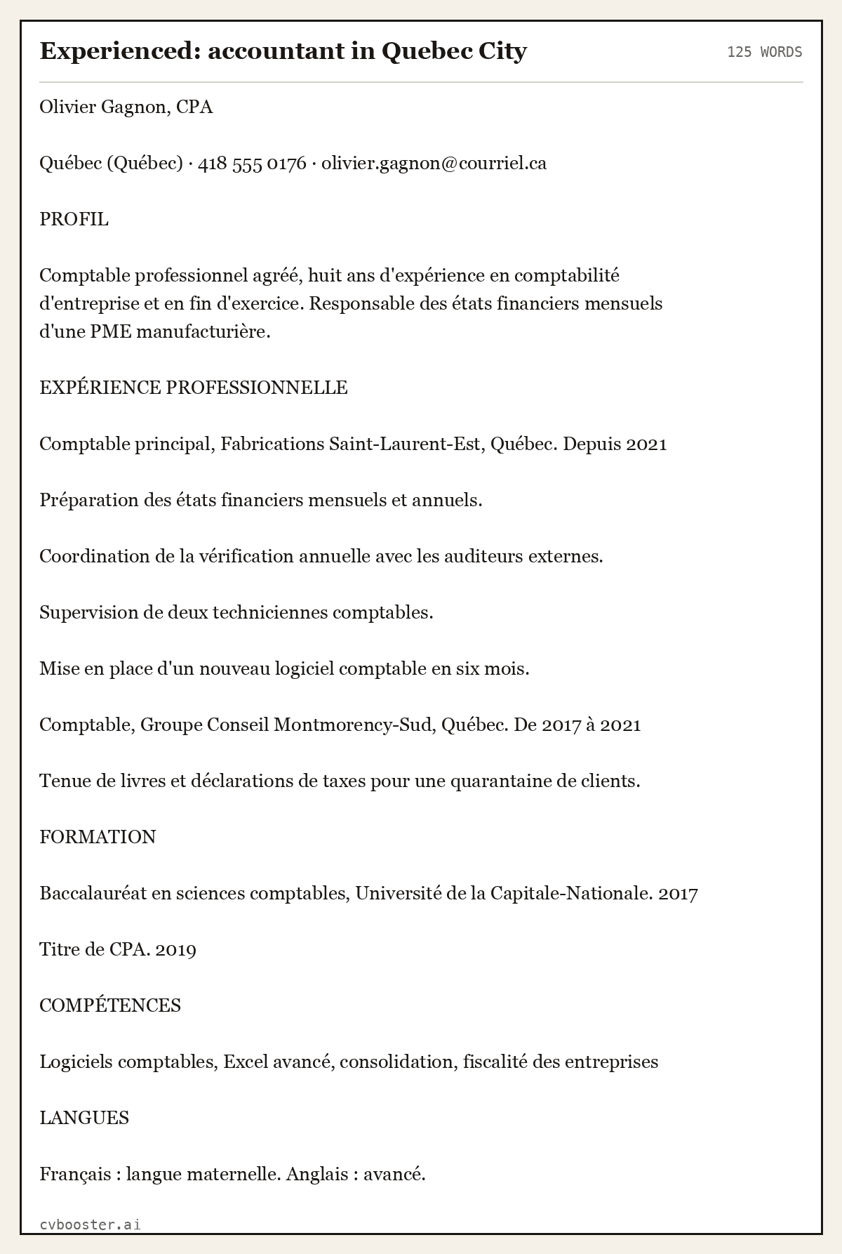 Complete Experienced: accountant in Quebec City example, 125 words, laid out as it would sit in the application form