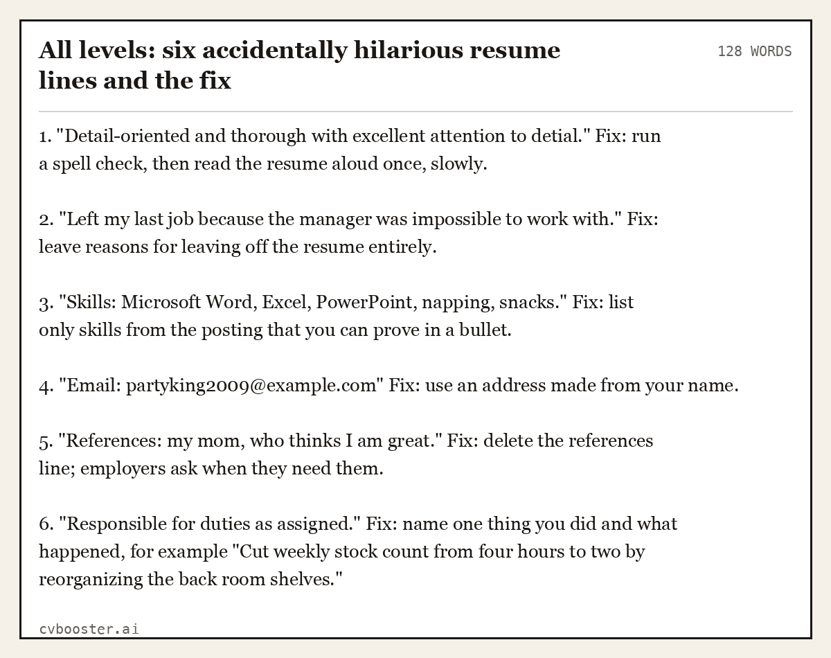 Complete All levels: six accidentally hilarious resume lines and the fix example, 128 words, laid out as it would sit in the application form