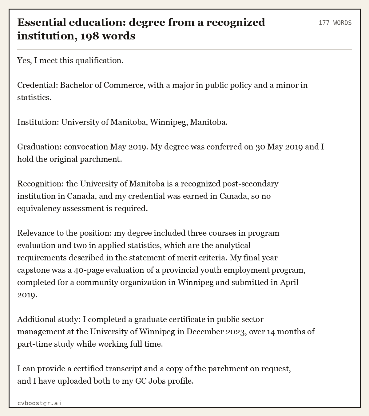 Complete Essential education: degree from a recognized institution example, 177 words, laid out as it would sit in the application form