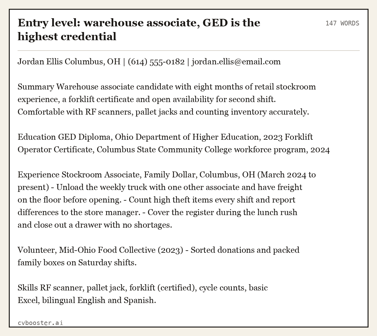 Complete Entry level: warehouse associate, GED is the highest credential example, 147 words, laid out as it would sit in the application form
