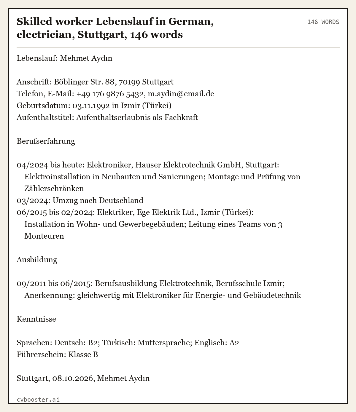 Complete Skilled worker Lebenslauf in German, electrician, Stuttgart example, 146 words, laid out as it would sit in the application form