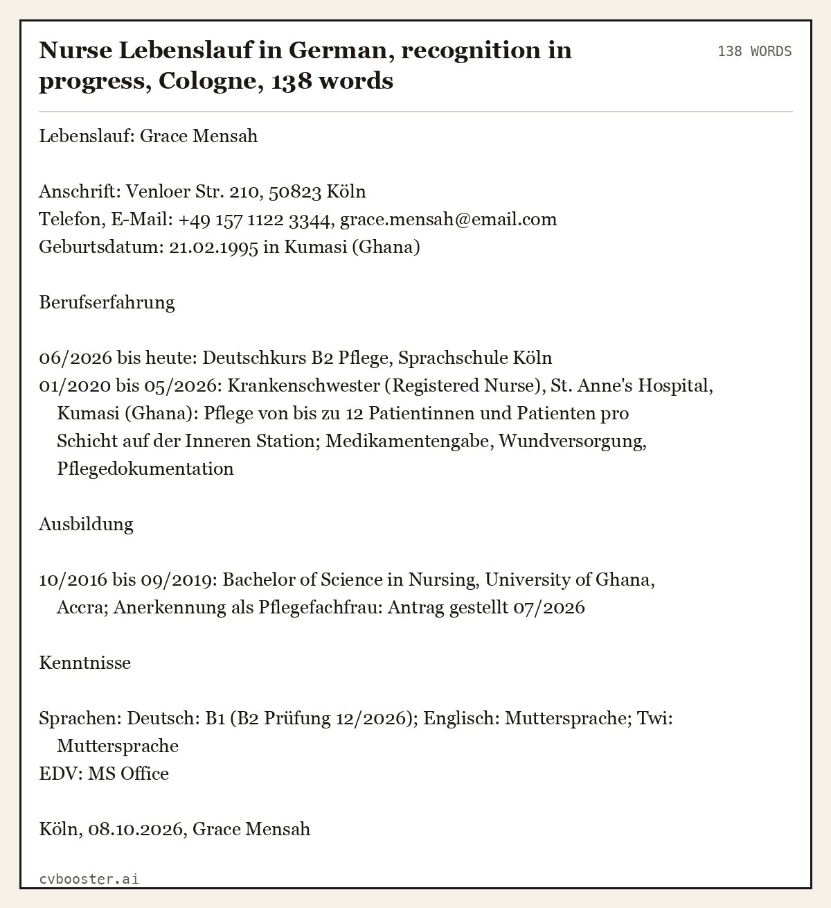 Complete Nurse Lebenslauf in German, recognition in progress, Cologne example, 138 words, laid out as it would sit in the application form