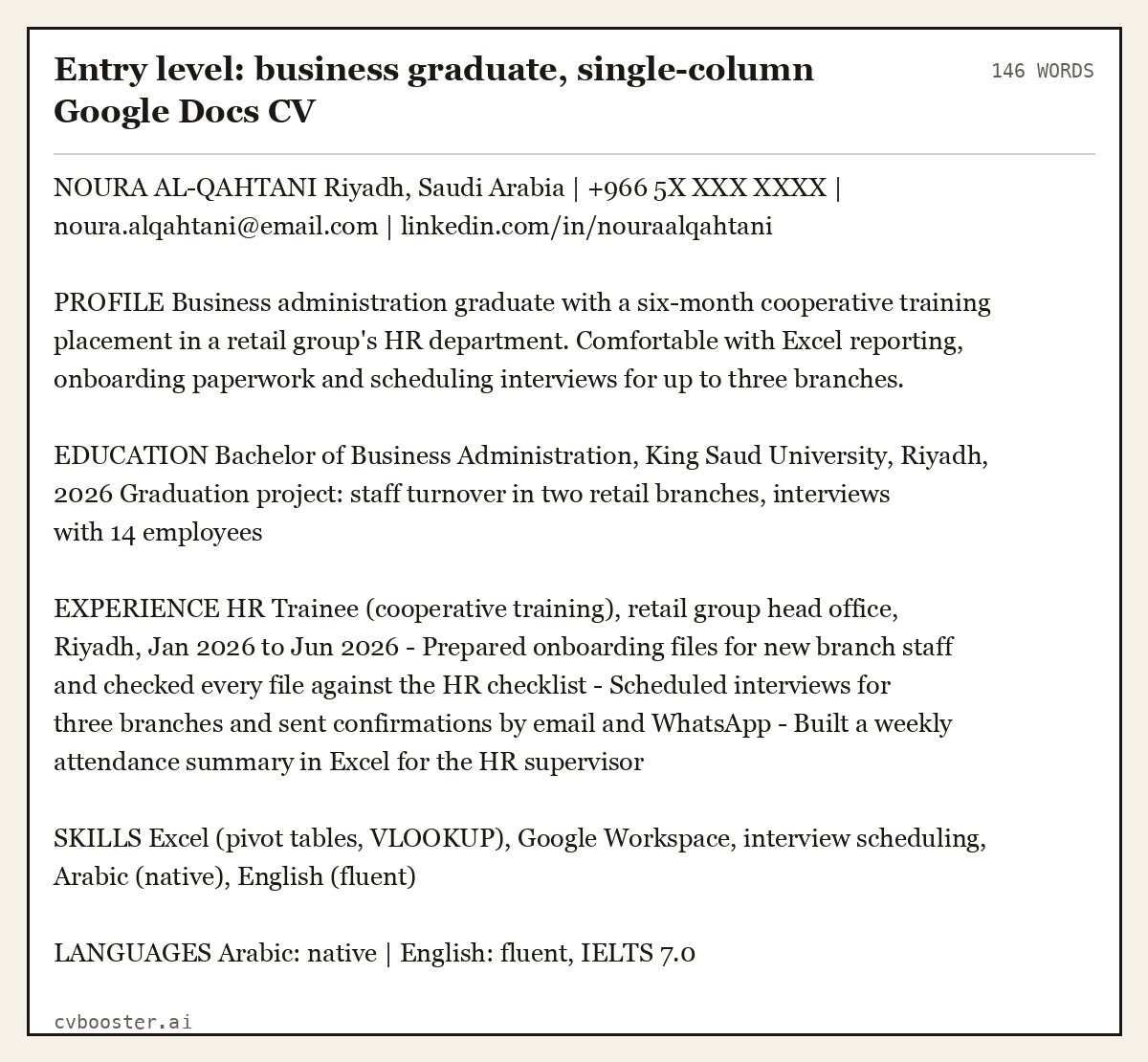 Complete Entry level: business graduate, single-column Google Docs CV example, 146 words, laid out as it would sit in the application form