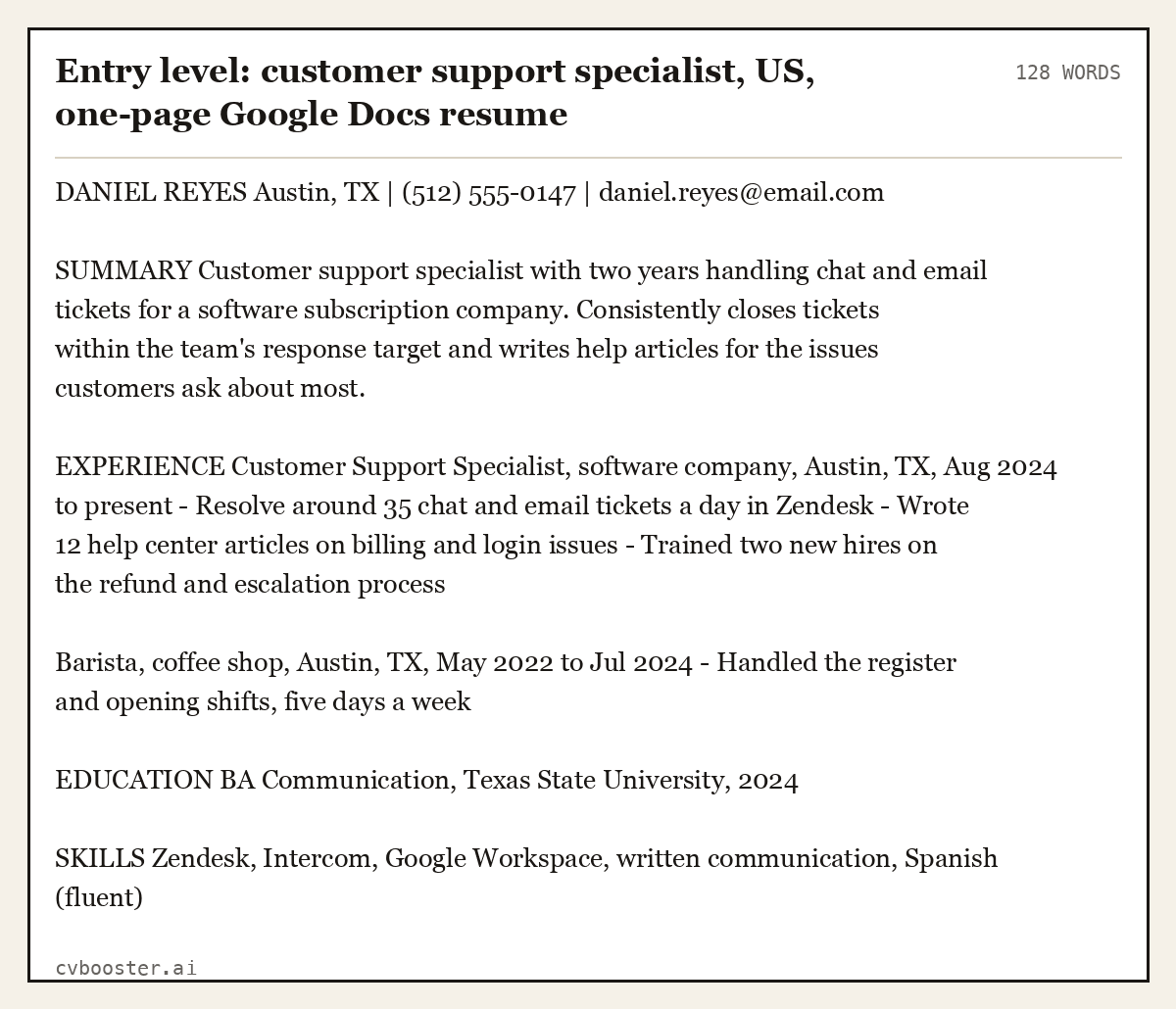 Complete Entry level: customer support specialist, US, one-page Google Docs resume example, 128 words, laid out as it would sit in the application form
