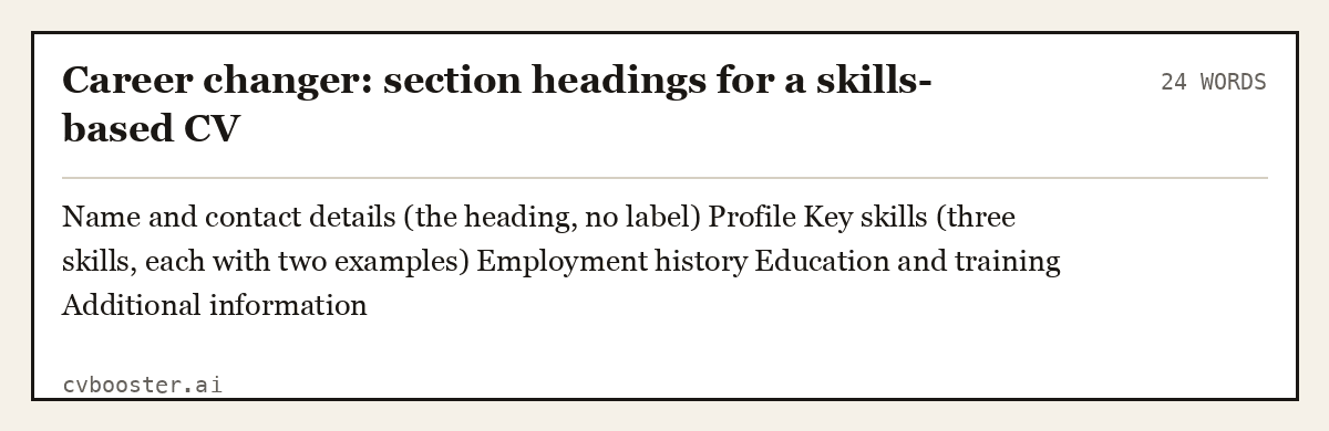 Complete Career changer: section headings for a skills-based CV example, 24 words, laid out as it would sit in the application form