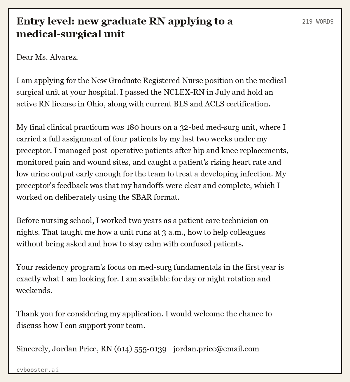 Complete Entry level: new graduate RN applying to a medical-surgical unit example, 219 words, laid out as it would sit in the application form