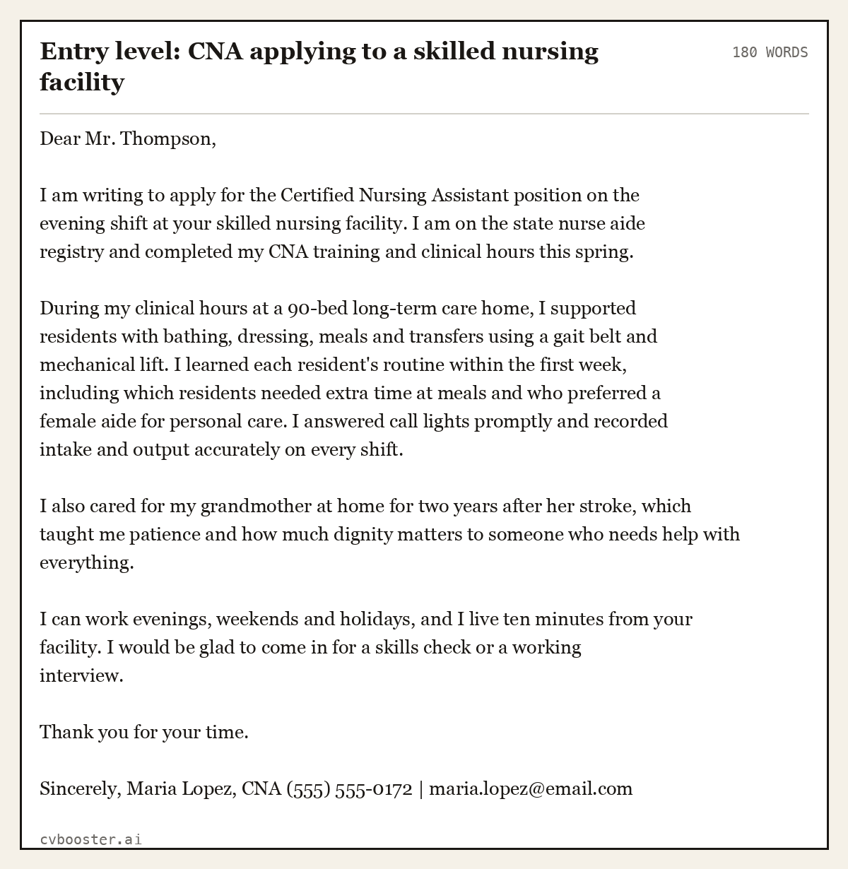 Complete Entry level: CNA applying to a skilled nursing facility example, 180 words, laid out as it would sit in the application form