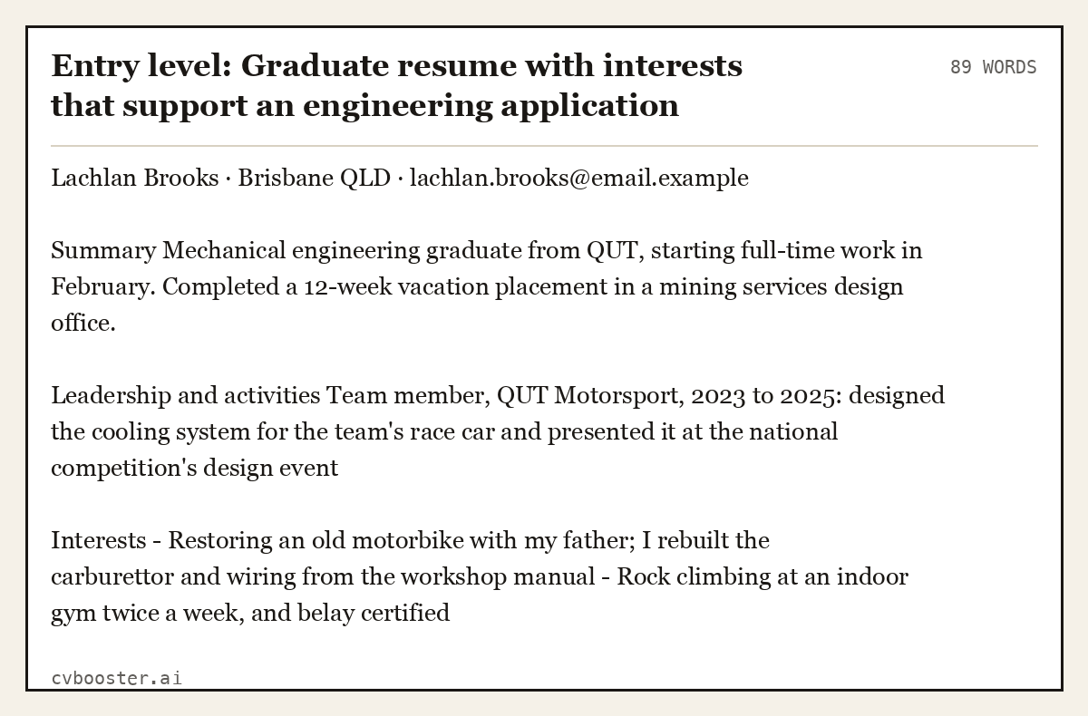Complete Entry level: Graduate resume with interests that support an engineering application example, 89 words, laid out as it would sit in the application form