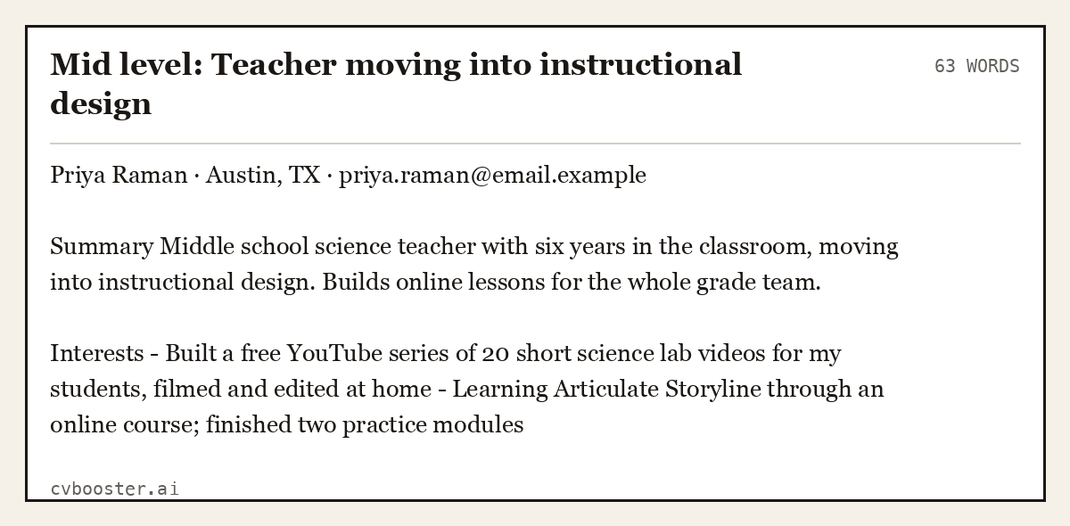 Complete Mid level: Teacher moving into instructional design example, 63 words, laid out as it would sit in the application form