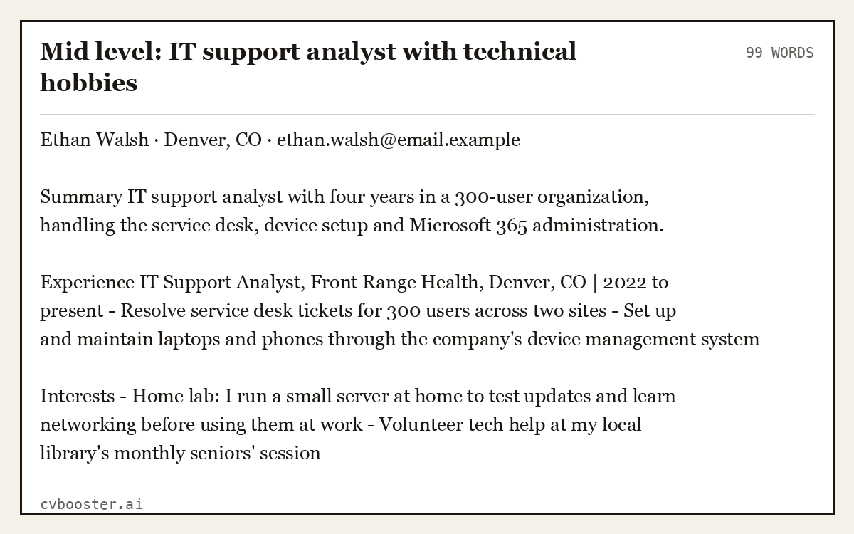 Complete Mid level: IT support analyst with technical hobbies example, 99 words, laid out as it would sit in the application form