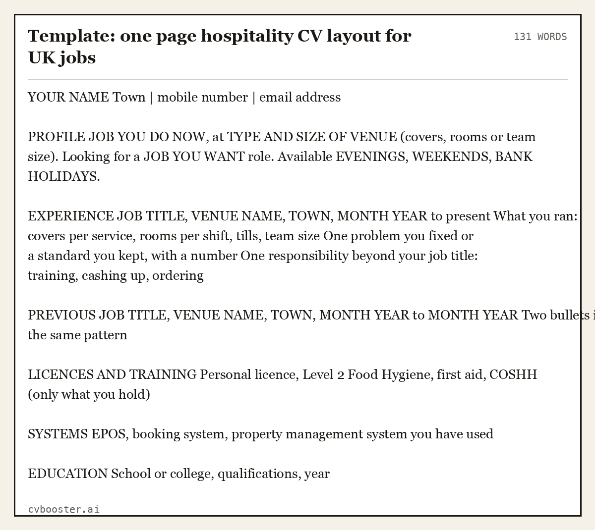 Complete Template: one page hospitality CV layout for UK jobs example, 131 words, laid out as it would sit in the application form