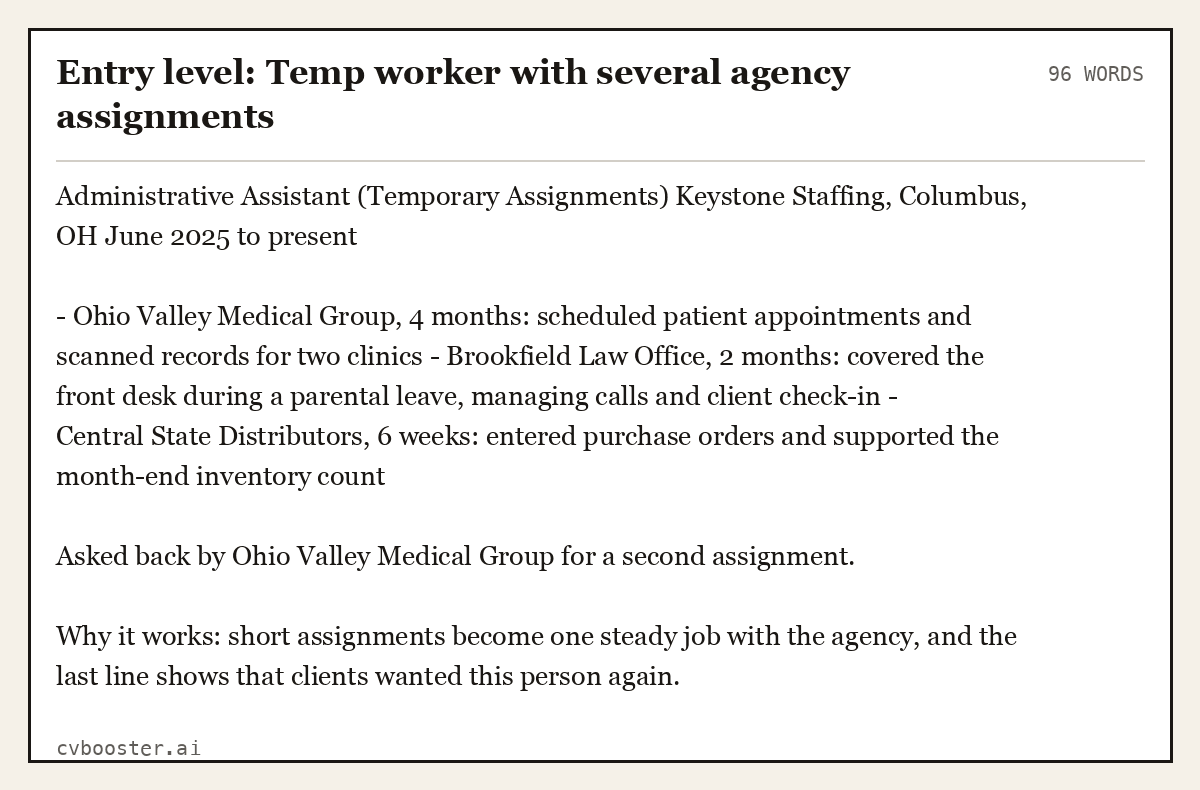 Complete Entry level: Temp worker with several agency assignments example, 96 words, laid out as it would sit in the application form