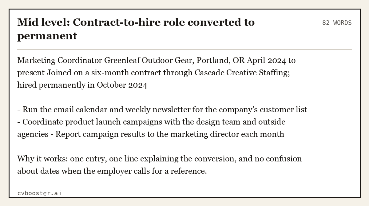 Complete Mid level: Contract-to-hire role converted to permanent example, 82 words, laid out as it would sit in the application form