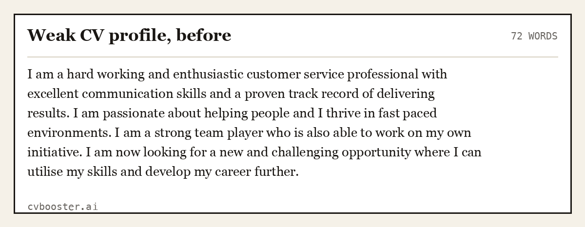 Complete Weak CV profile, before example, 72 words, laid out as it would sit in the application form