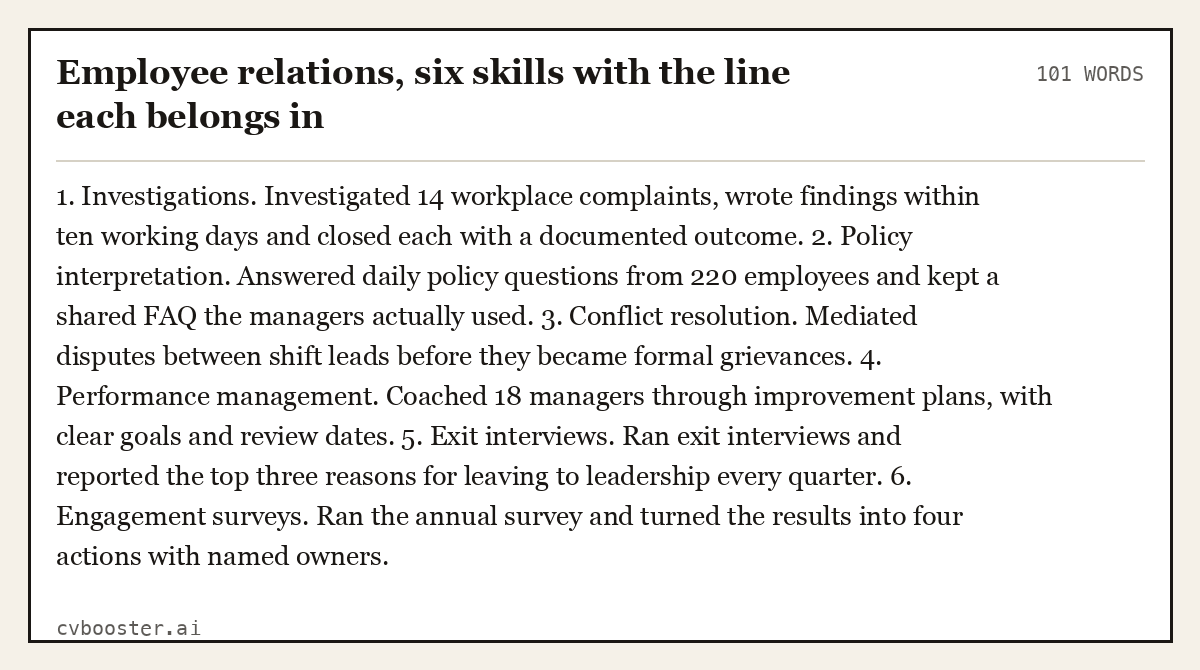 Complete Employee relations, six skills with the line each belongs in example, 101 words, laid out as it would sit in the application form