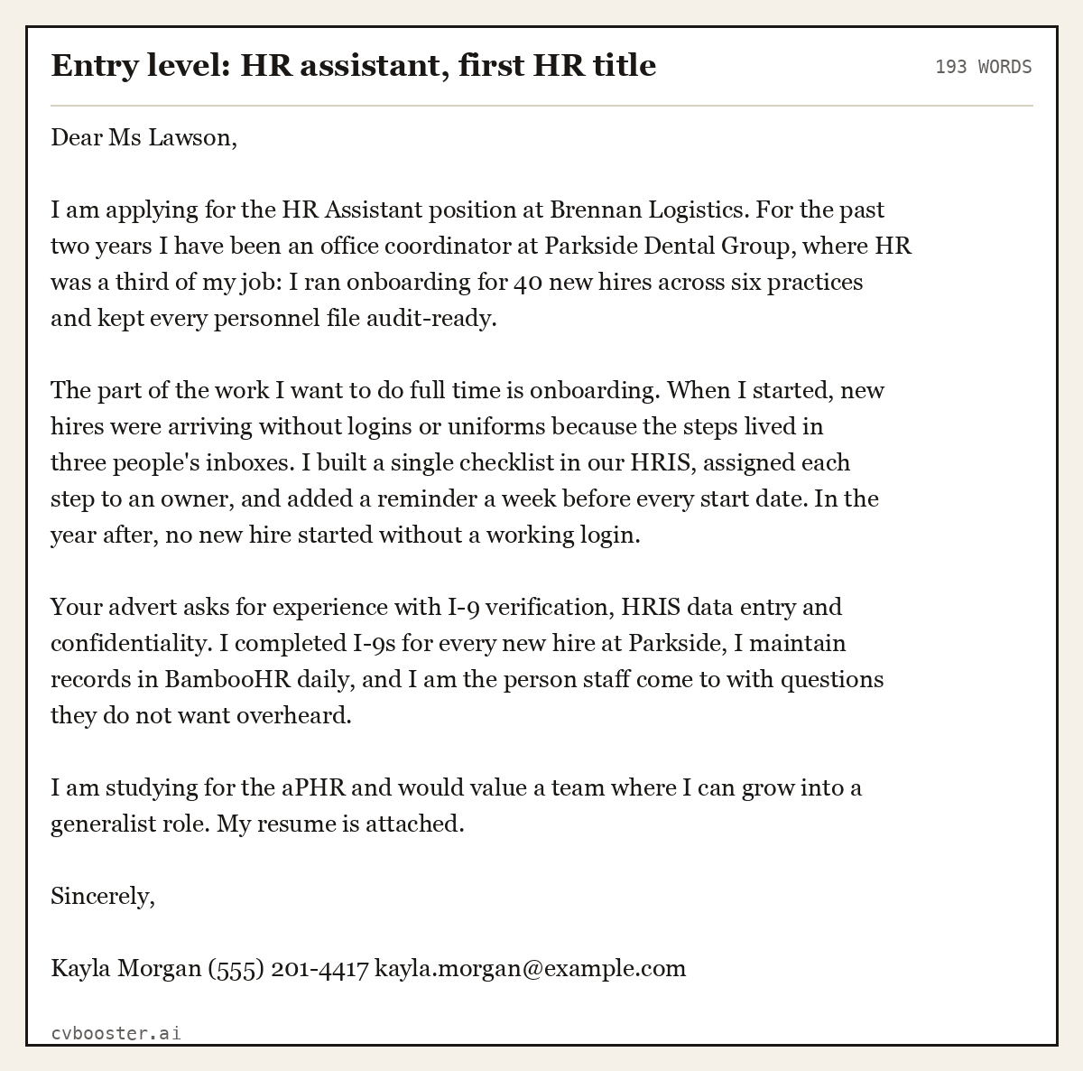 Complete Entry level: HR assistant, first HR title example, 193 words, laid out as it would sit in the application form