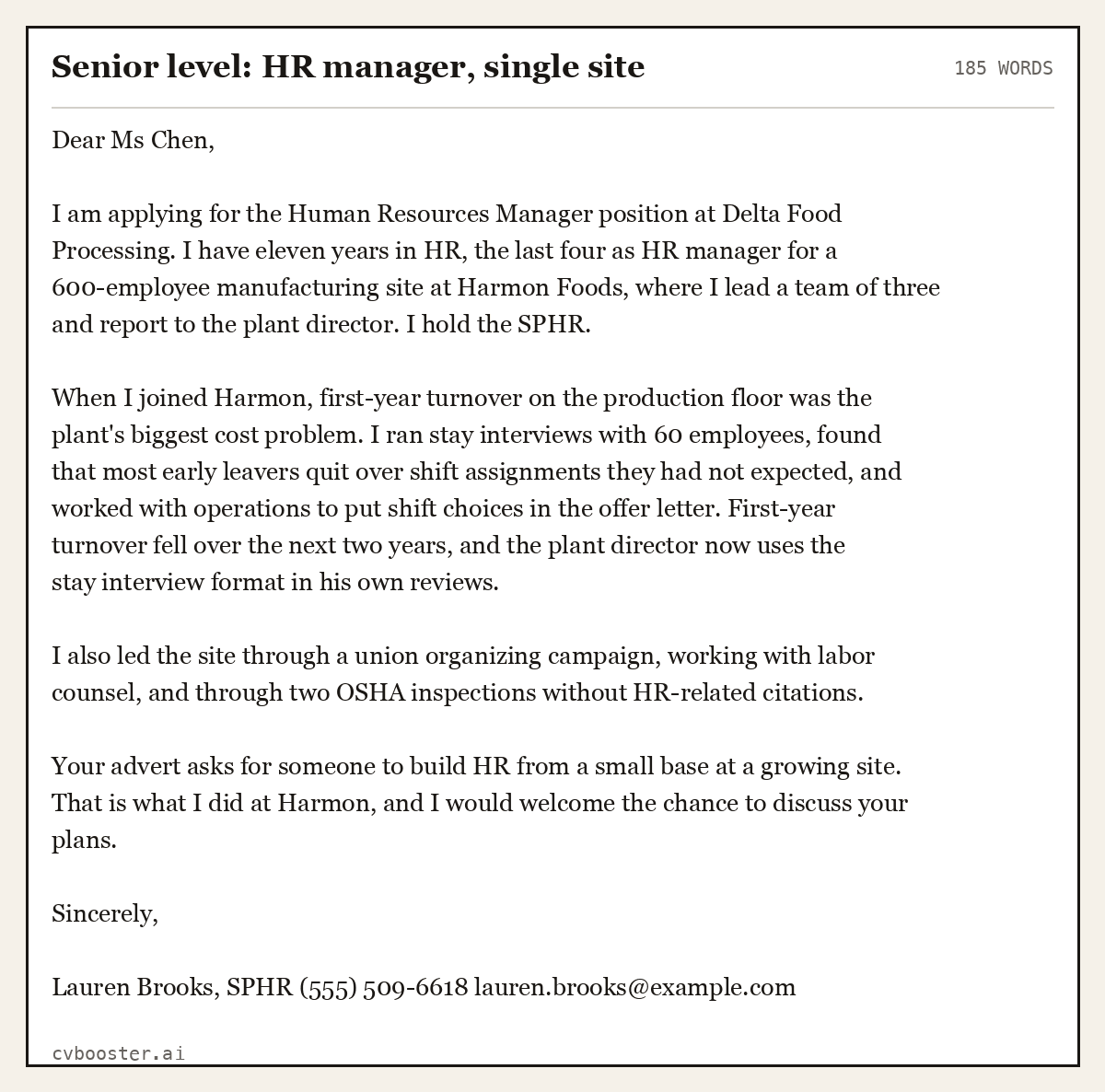 Complete Senior level: HR manager, single site example, 185 words, laid out as it would sit in the application form