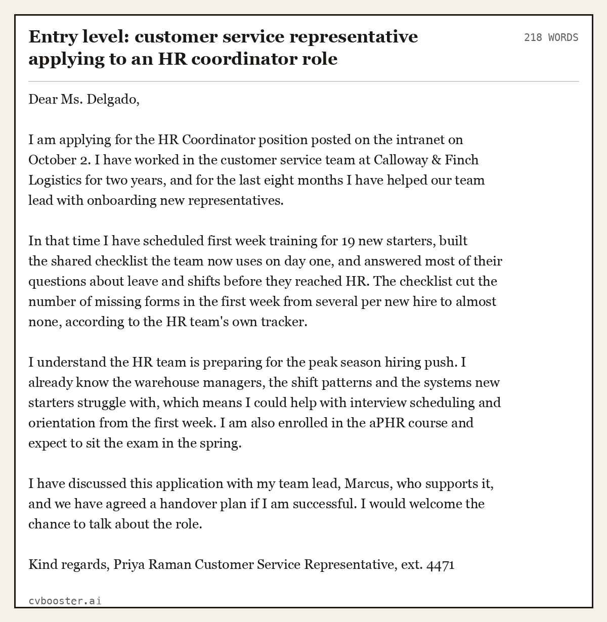 Complete Entry level: customer service representative applying to an HR coordinator role example, 218 words, laid out as it would sit in the application form