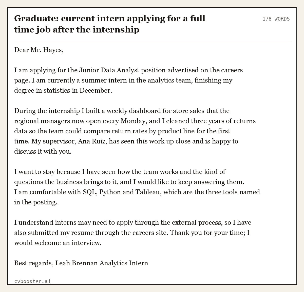 Complete Graduate: current intern applying for a full time job after the internship example, 178 words, laid out as it would sit in the application form