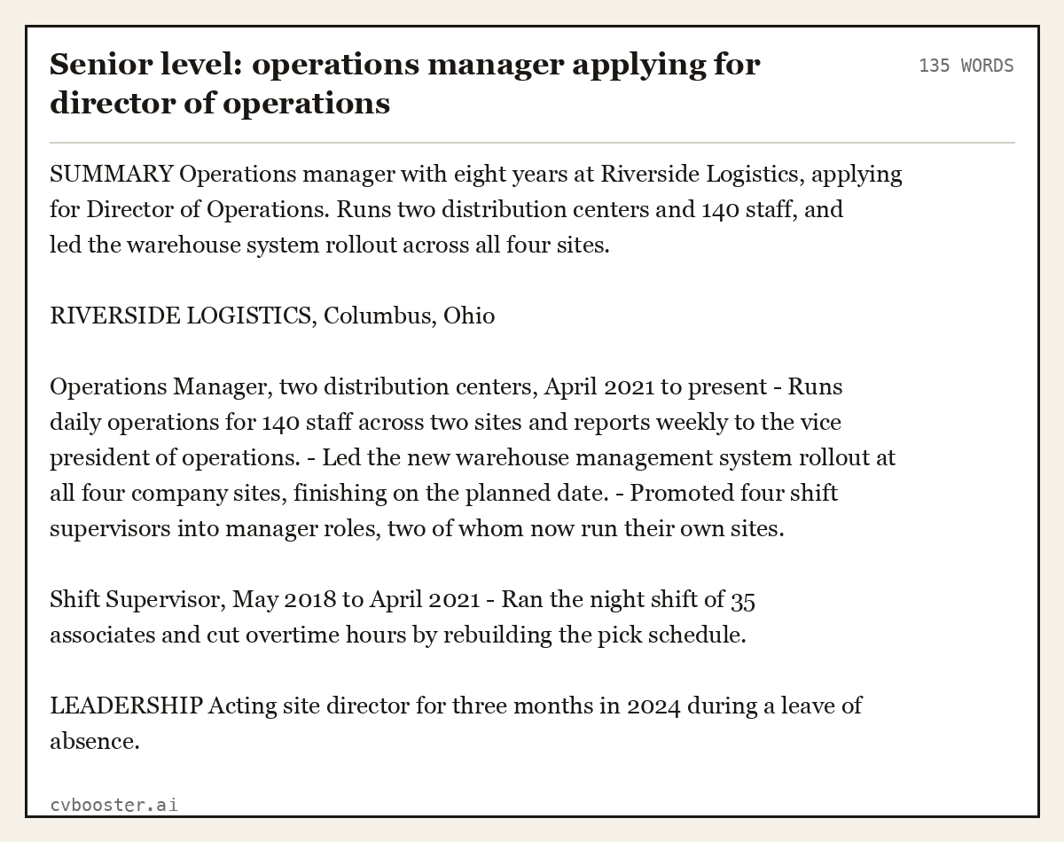 Complete Senior level: operations manager applying for director of operations example, 135 words, laid out as it would sit in the application form