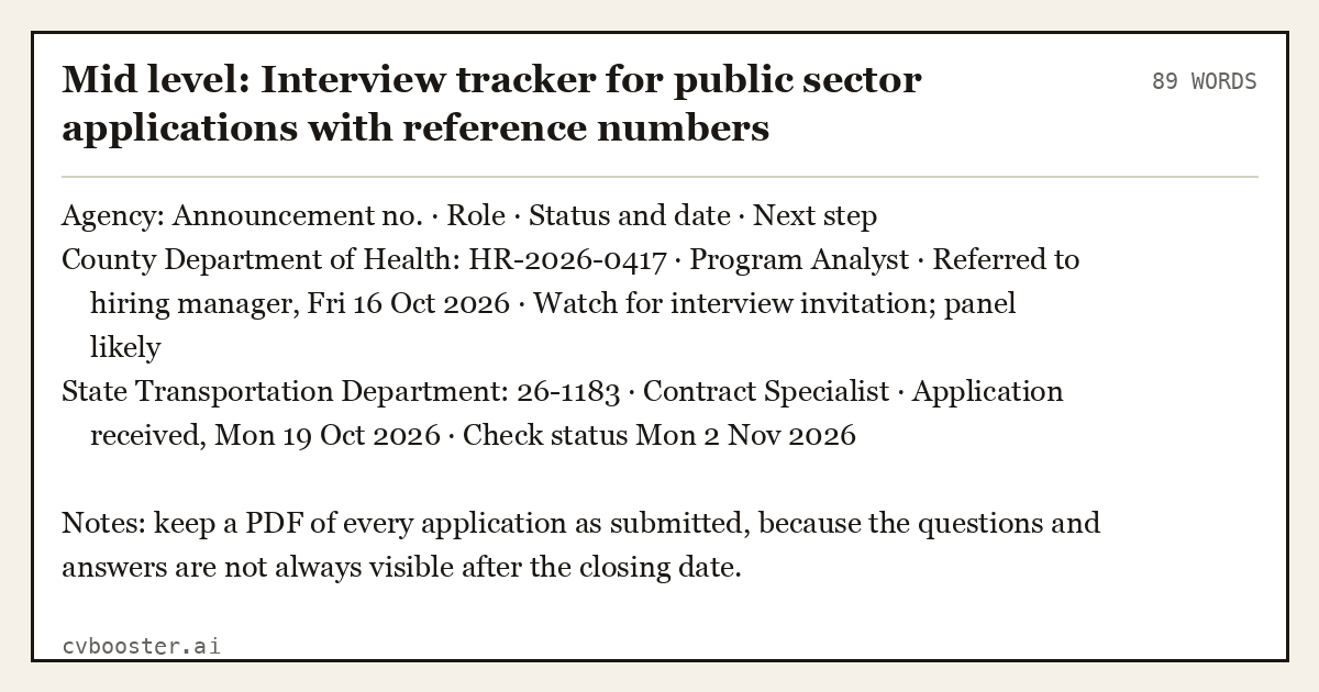 Complete Mid level: Interview tracker for public sector applications with reference numbers example, 89 words, laid out as it would sit in the application form