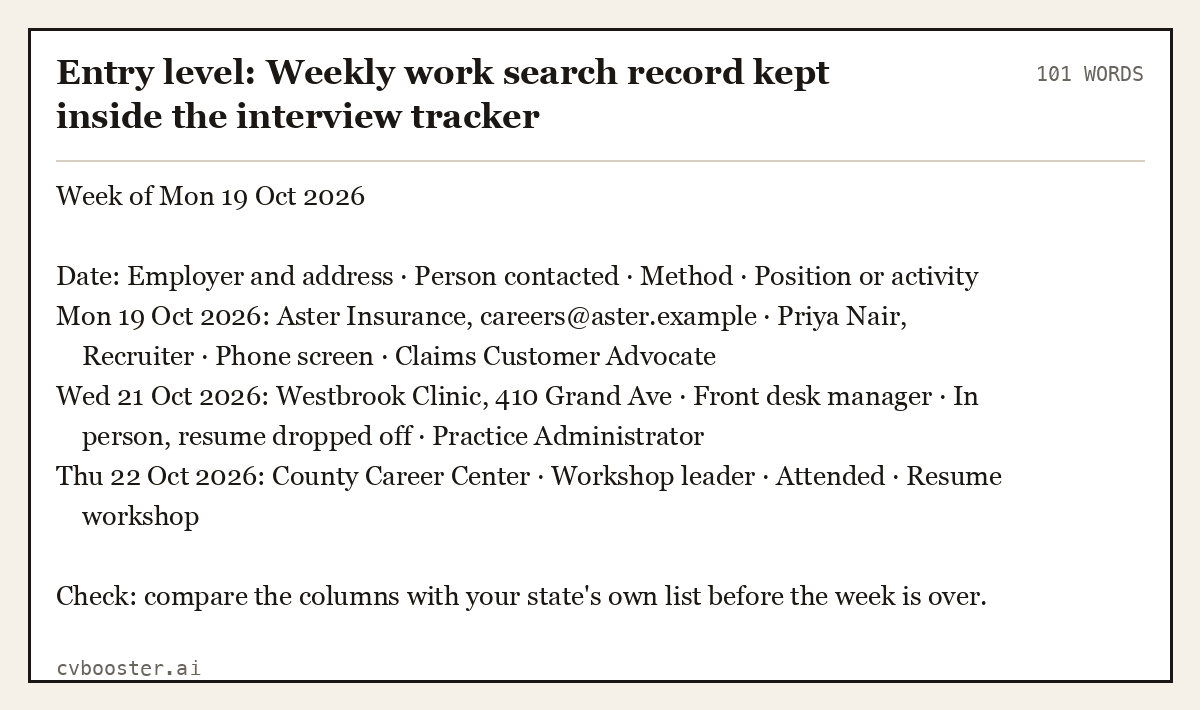 Complete Entry level: Weekly work search record kept inside the interview tracker example, 101 words, laid out as it would sit in the application form
