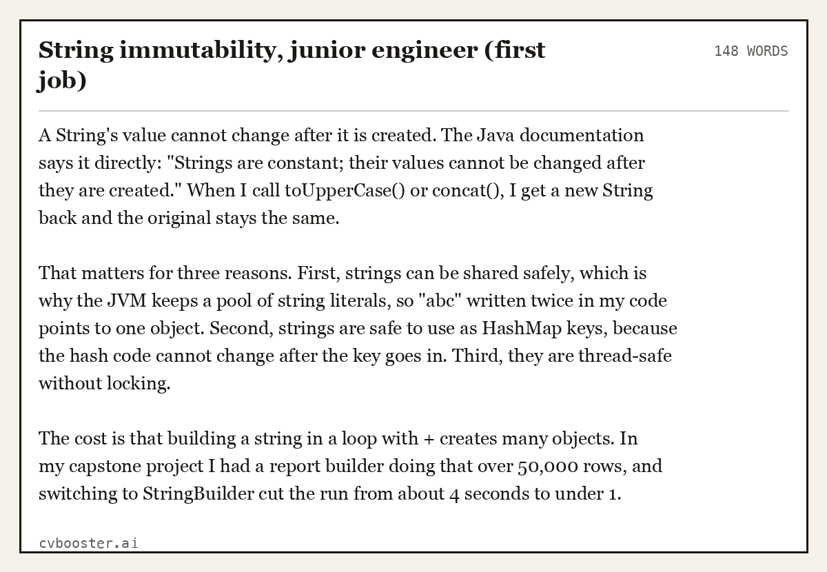 Complete String immutability, junior engineer (first job) example, 148 words, laid out as it would sit in the application form