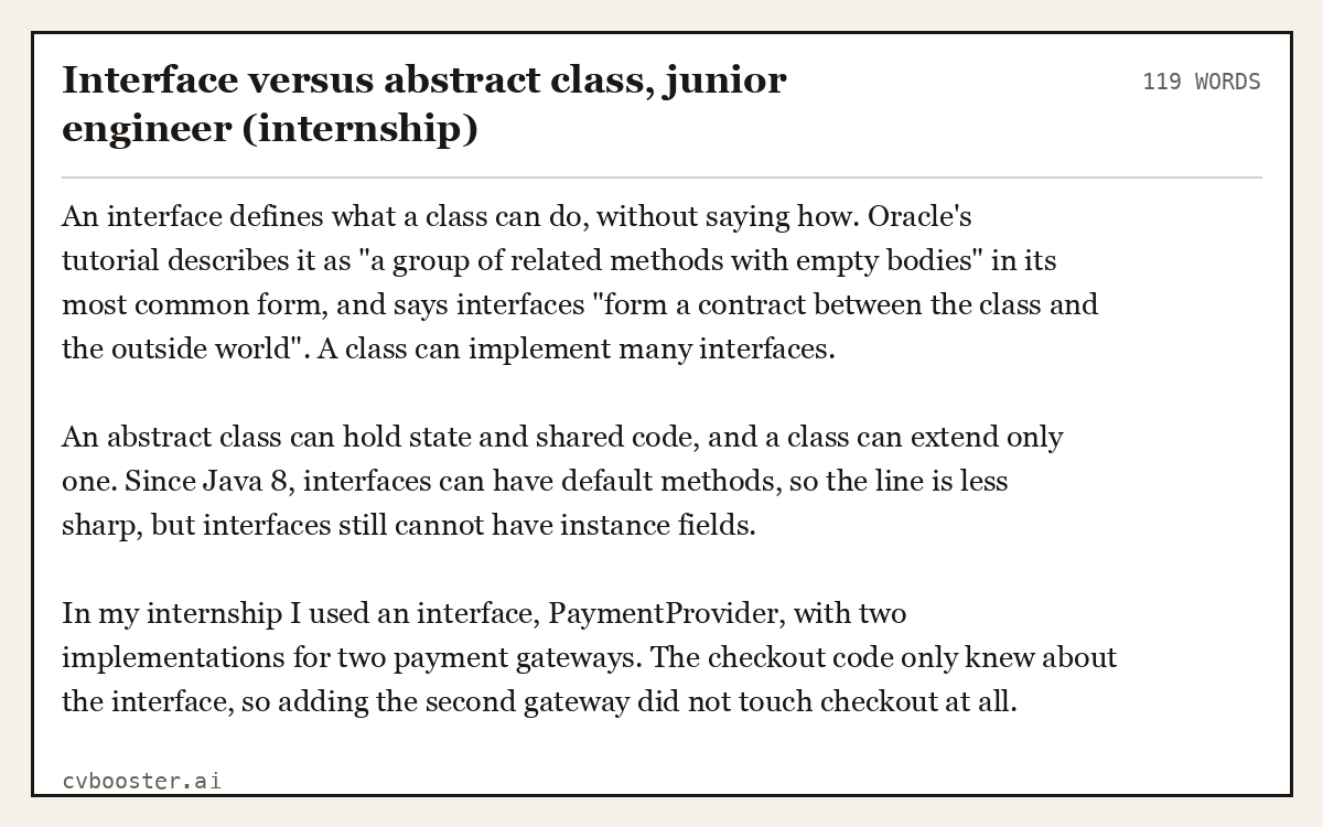 Complete Interface versus abstract class, junior engineer (internship) example, 119 words, laid out as it would sit in the application form
