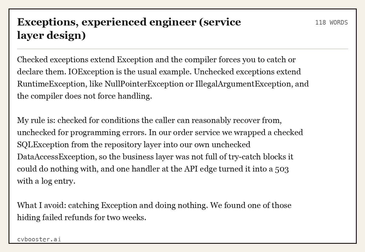 Complete Exceptions, experienced engineer (service layer design) example, 118 words, laid out as it would sit in the application form