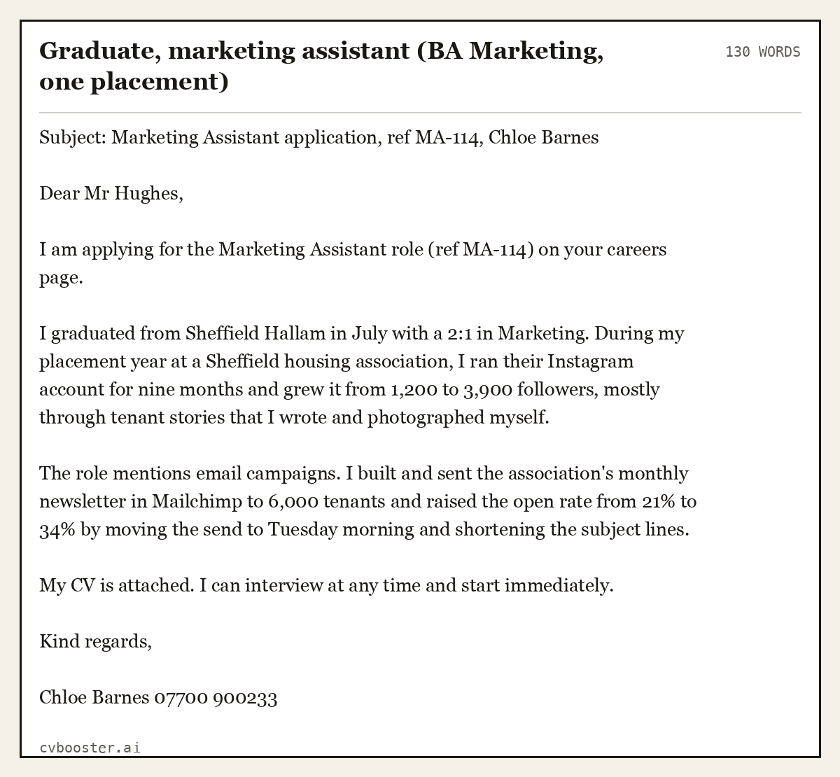 Complete Graduate, marketing assistant (BA Marketing, one placement) example, 130 words, laid out as it would sit in the application form