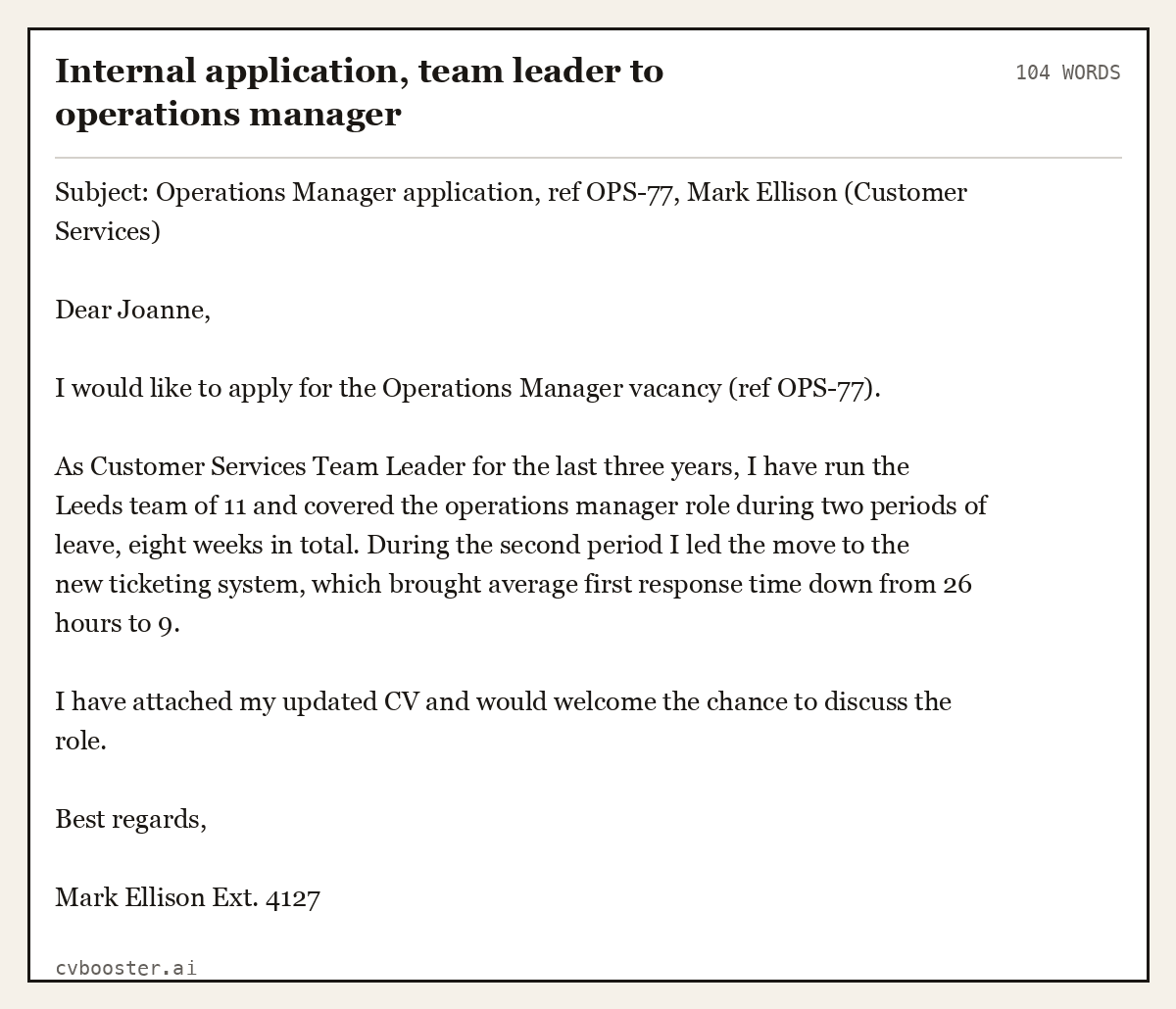 Complete Internal application, team leader to operations manager example, 104 words, laid out as it would sit in the application form