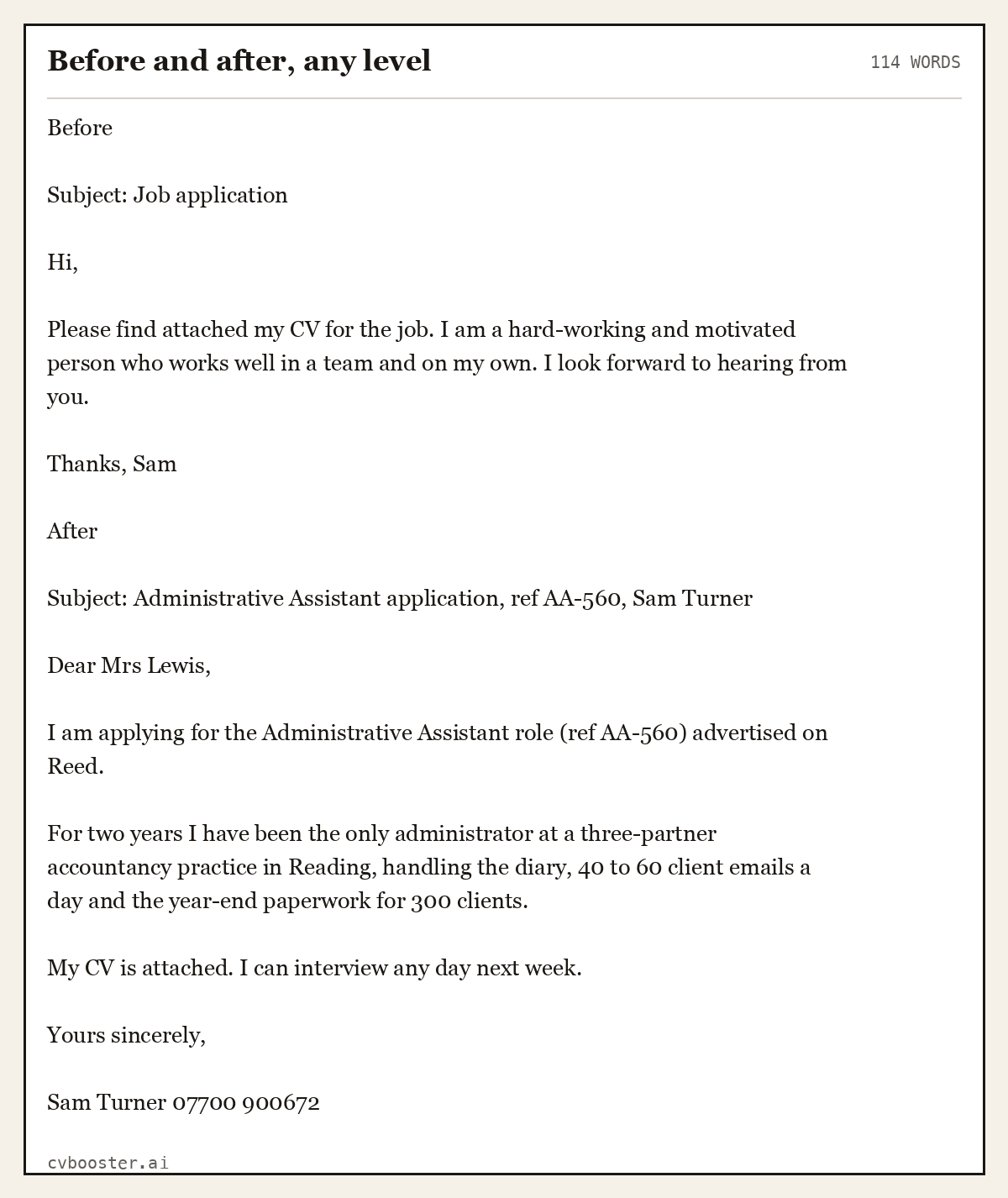 Complete Before and after, any level example, 114 words, laid out as it would sit in the application form