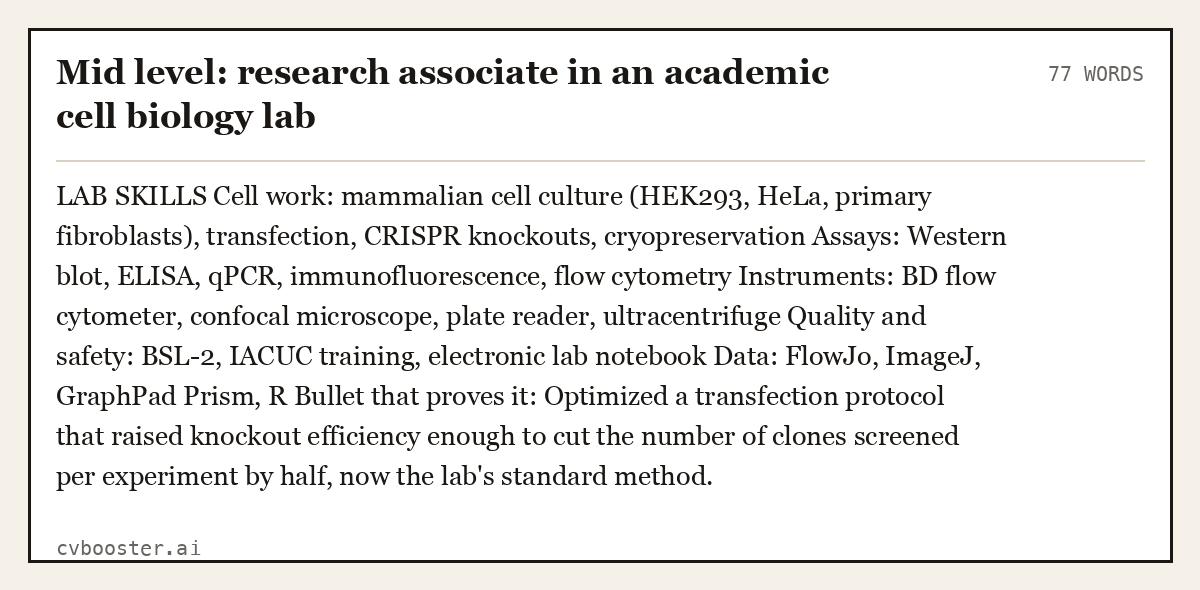 Complete Mid level: research associate in an academic cell biology lab example, 77 words, laid out as it would sit in the application form