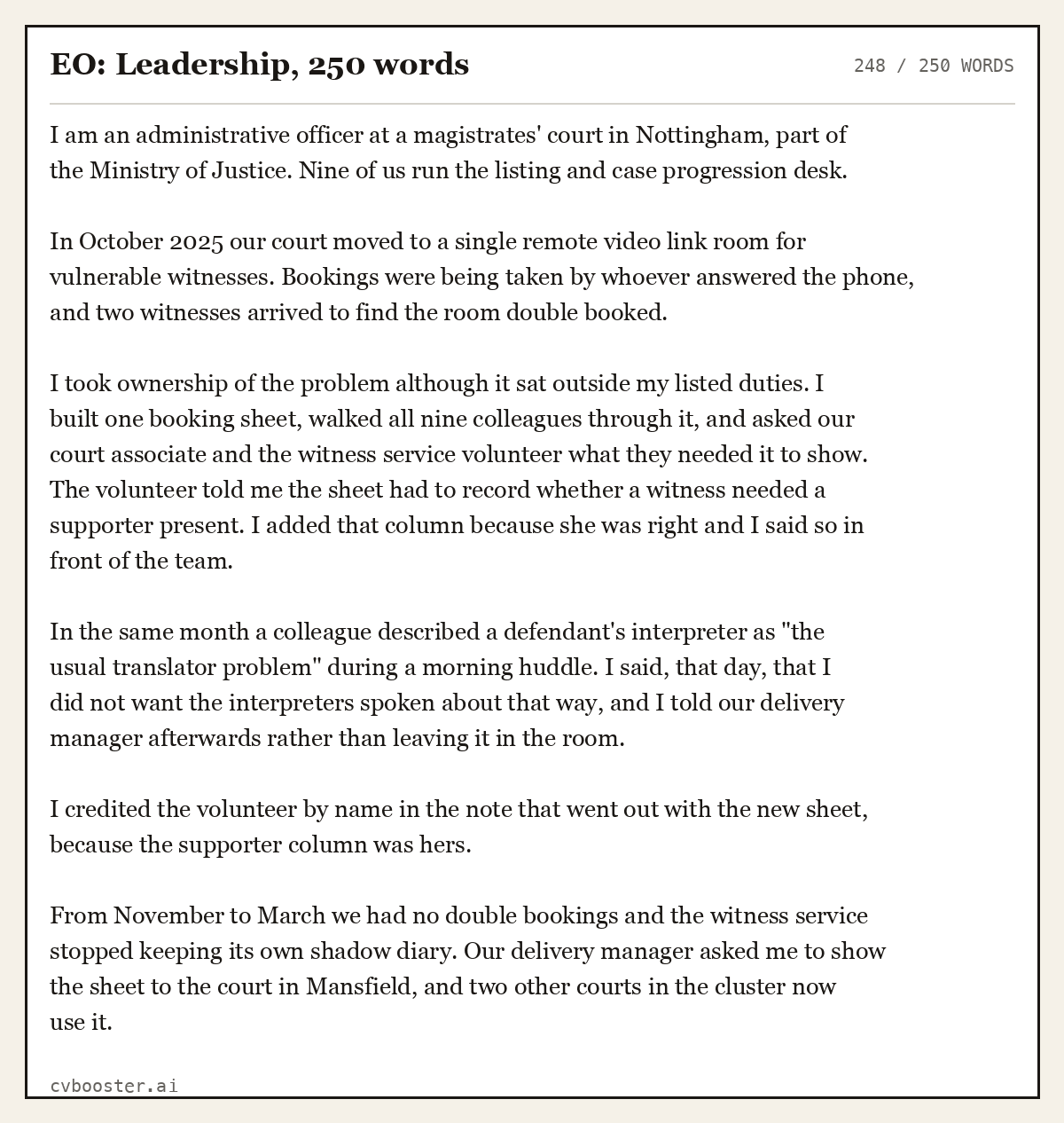 Complete EO: Leadership example, 248 words, laid out as it would sit in the application form