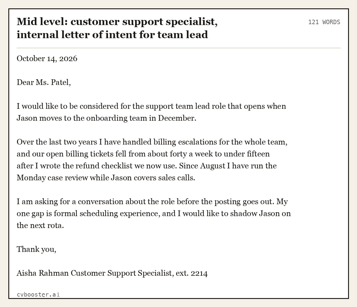 Complete Mid level: customer support specialist, internal letter of intent for team lead example, 121 words, laid out as it would sit in the application form