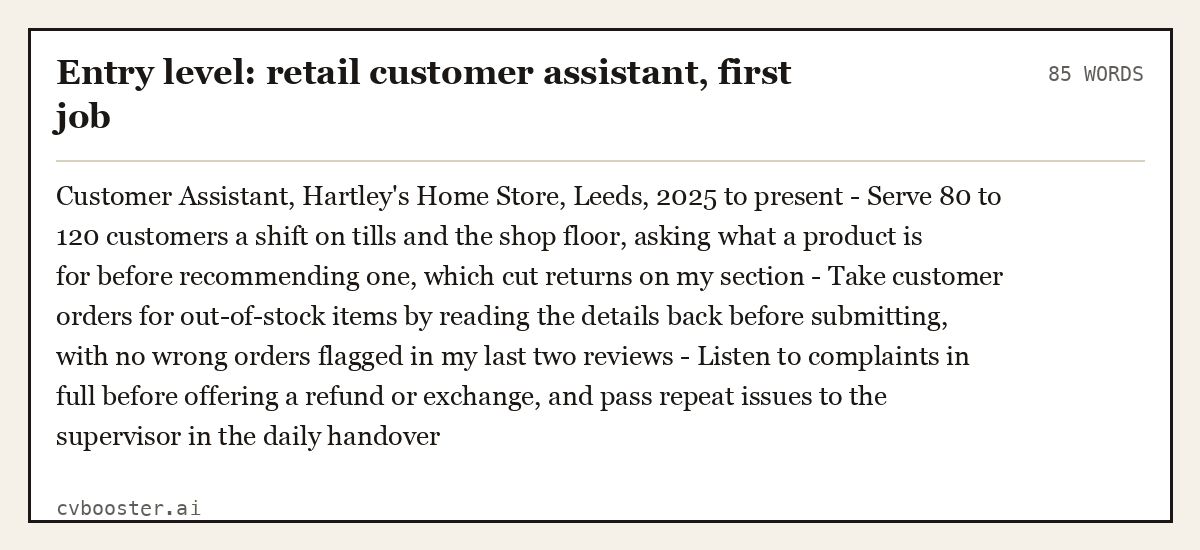 Complete Entry level: retail customer assistant, first job example, 85 words, laid out as it would sit in the application form