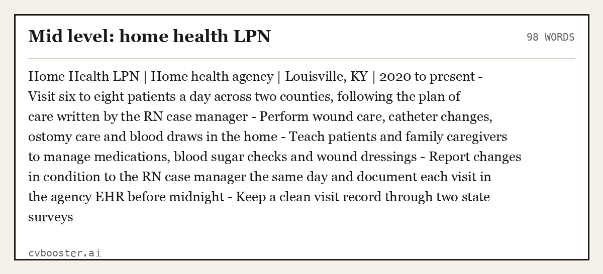Complete Mid level: home health LPN example, 98 words, laid out as it would sit in the application form