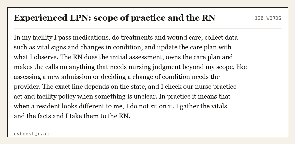 Complete Experienced LPN: scope of practice and the RN example, 120 words, laid out as it would sit in the application form
