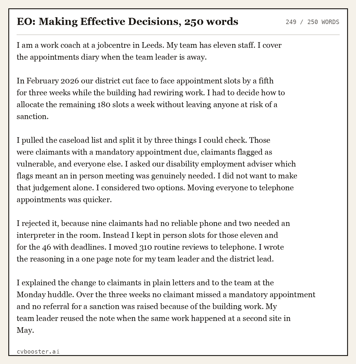 Complete EO: Making Effective Decisions example, 249 words, laid out as it would sit in the application form
