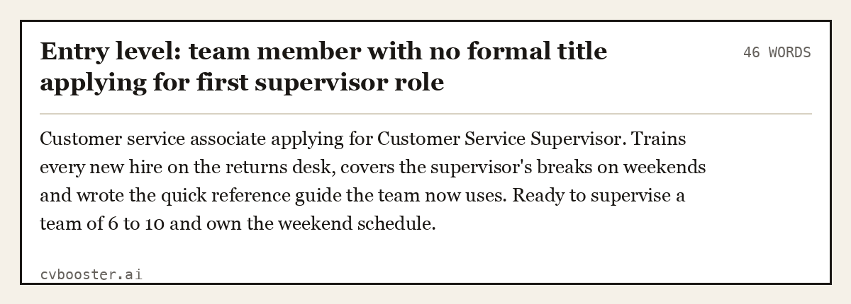 Complete Entry level: team member with no formal title applying for first supervisor role example, 46 words, laid out as it would sit in the application form