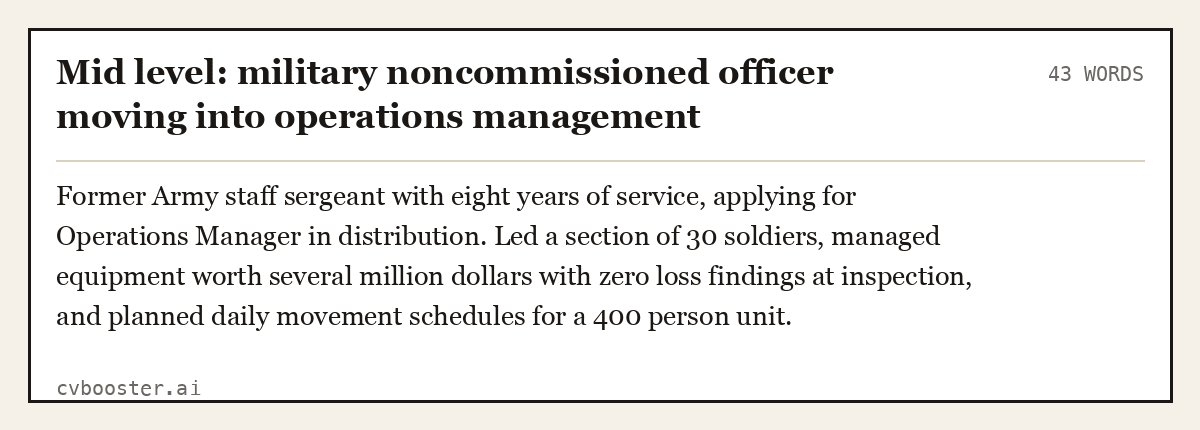 Complete Mid level: military noncommissioned officer moving into operations management example, 43 words, laid out as it would sit in the application form