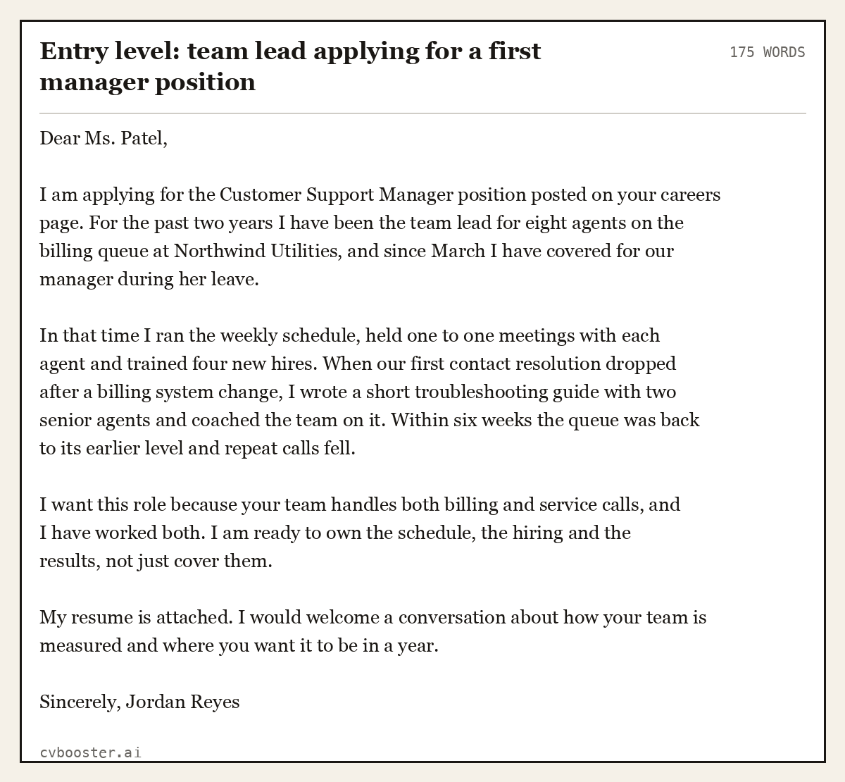Complete Entry level: team lead applying for a first manager position example, 175 words, laid out as it would sit in the application form