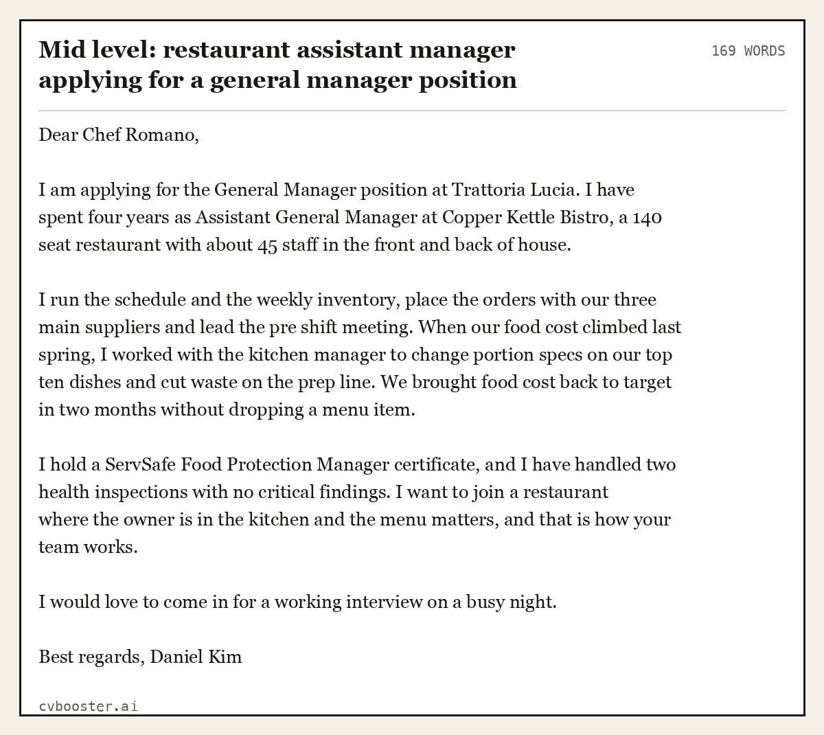 Complete Mid level: restaurant assistant manager applying for a general manager position example, 169 words, laid out as it would sit in the application form
