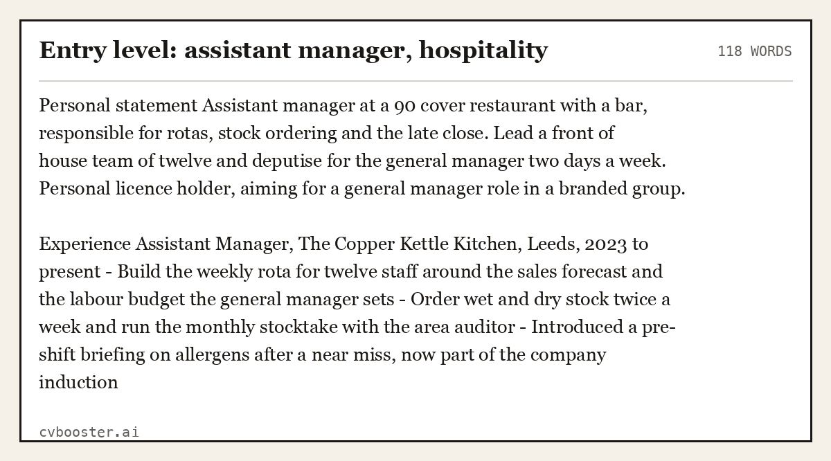 Complete Entry level: assistant manager, hospitality example, 118 words, laid out as it would sit in the application form