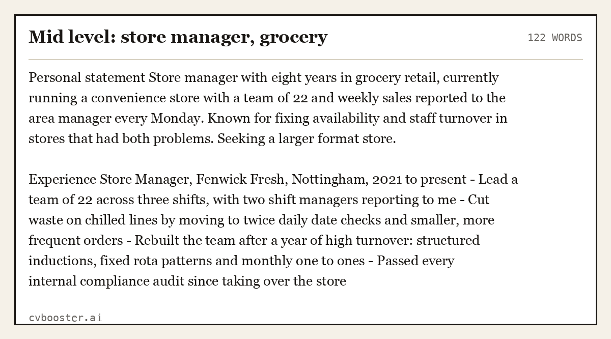 Complete Mid level: store manager, grocery example, 122 words, laid out as it would sit in the application form