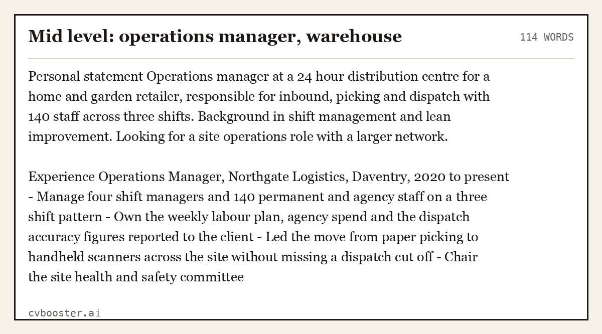 Complete Mid level: operations manager, warehouse example, 114 words, laid out as it would sit in the application form