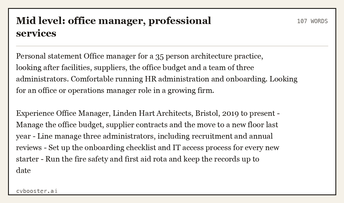 Complete Mid level: office manager, professional services example, 107 words, laid out as it would sit in the application form