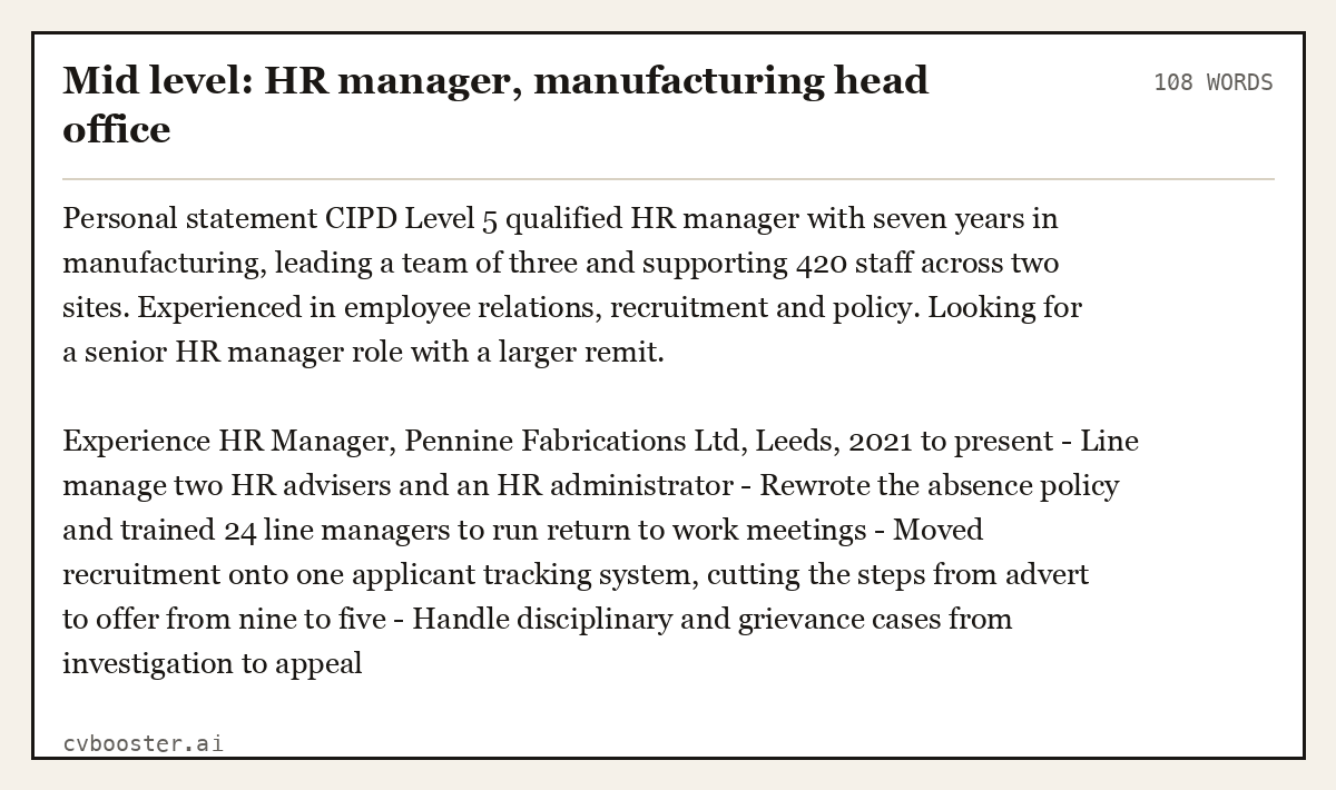 Complete Mid level: HR manager, manufacturing head office example, 108 words, laid out as it would sit in the application form